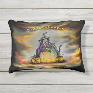 Hexe und schwarze Katze, Happy Halloween! Kissen Für Draußen