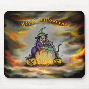 Hexe und schwarze Katze, Happy Halloween! Mousepad