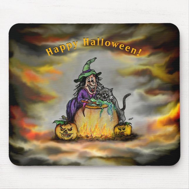 Hexe und schwarze Katze, Happy Halloween! Mousepad (Vorne)