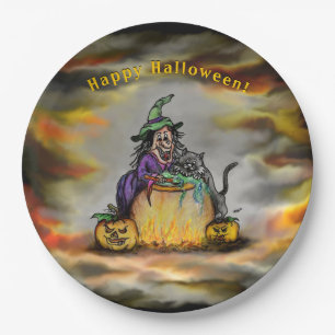 Hexe und schwarze Katze, Happy Halloween! Pappteller