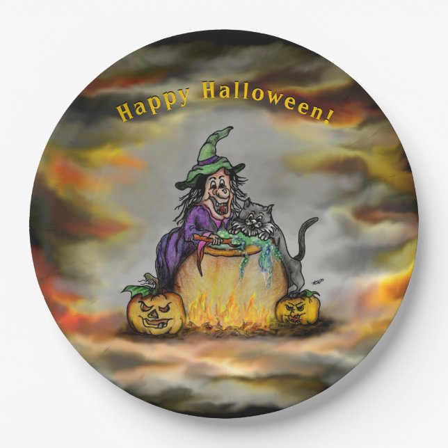 Hexe und schwarze Katze, Happy Halloween! Pappteller (Vorderseite)