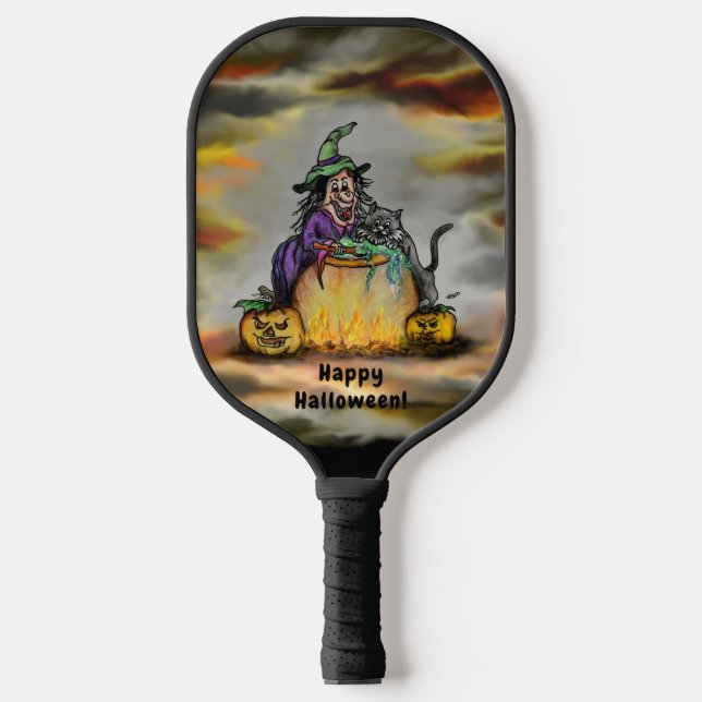 Hexe und schwarze Katze, Happy Halloween! Pickleball Schläger (Vorderseite)