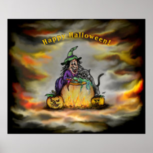 Hexe und schwarze Katze, Happy Halloween! Poster