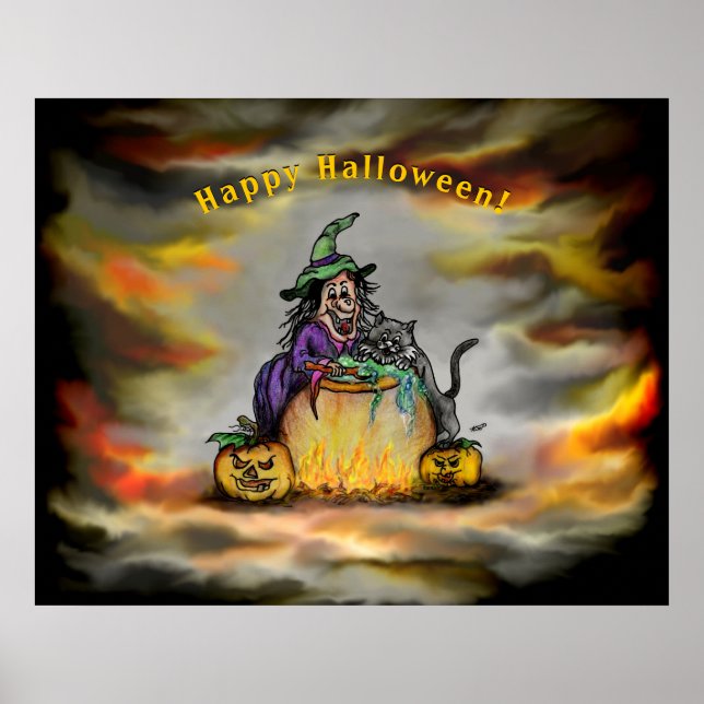 Hexe und schwarze Katze, Happy Halloween! Poster (Vorne)