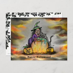 Hexe und schwarze Katze, Happy Halloween! Postkarte