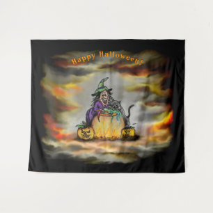 Hexe und schwarze Katze, Happy Halloween! Wandteppich