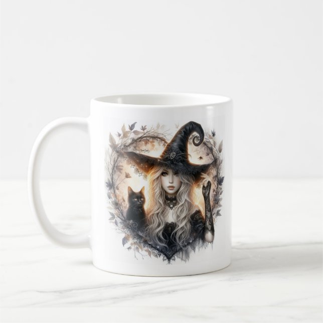 Hexe und schwarze Katze Kaffeetasse (Links)