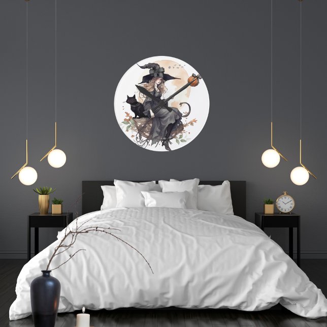 Hexe und Schwarze Katze mit Erntemond und Ravens Runde Wanduhr (Pretty Halloween witch and her black cat with pumpkins.  Halloween decorating for spooky season.)