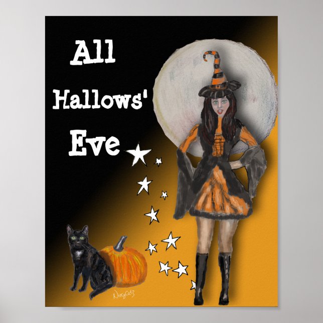 Hexe und Schwarze Katze Poster (Vorne)