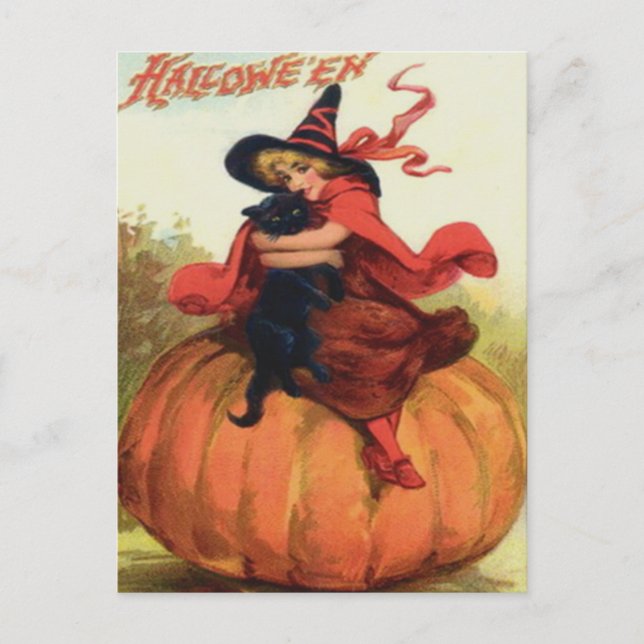 Hexe und schwarze Katze Postkarte (Vorderseite)