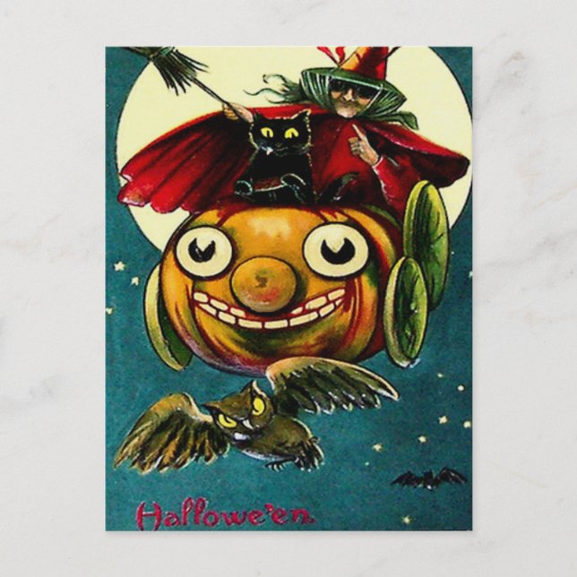 Hexe und schwarze Katze Postkarte (Vorderseite)