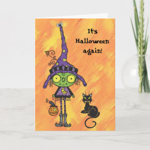 Hexe-und schwarze Katzen-Halloween-Karte Karte