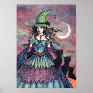 Hexe und schwarze Katzen Halloween-Kunst Poster