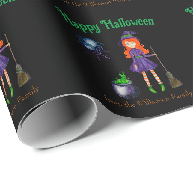 Hexe und Spider Individuelle Name Black Halloween Geschenkpapier (Rolleneckpunkt)