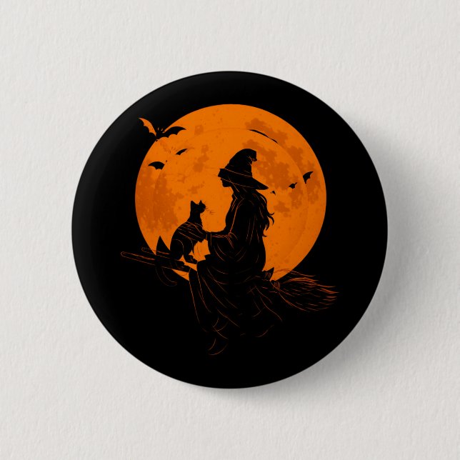Hexe und süße Katze schwarzes Kätzchen für Hallowe Button (Vorderseite)
