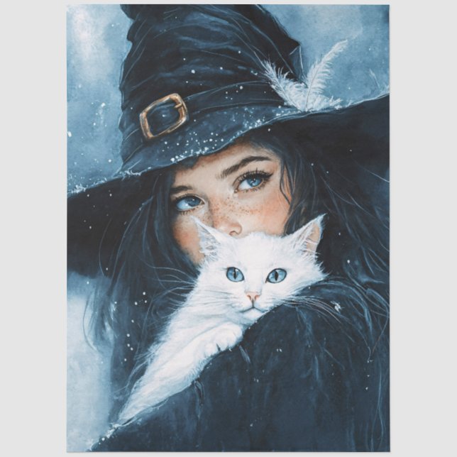 Hexe und weiße Katze Seidenpapier (Vorderseite)