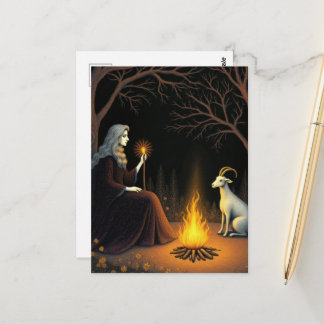 Hexe und Ziege an einem Freudenfeuer Postkarte