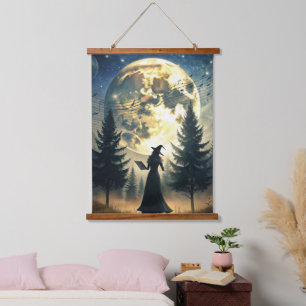 Hexe unter Vollmond verzauberte Nacht Wandteppich Mit Holzrahmen