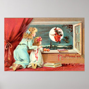 Hexe von Halloween mit Besenstiel Poster