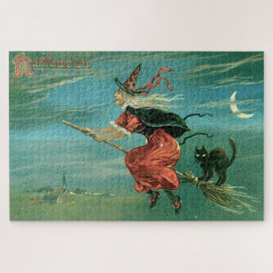 Hexe von Halloween mit schwarzer Katze Puzzle
