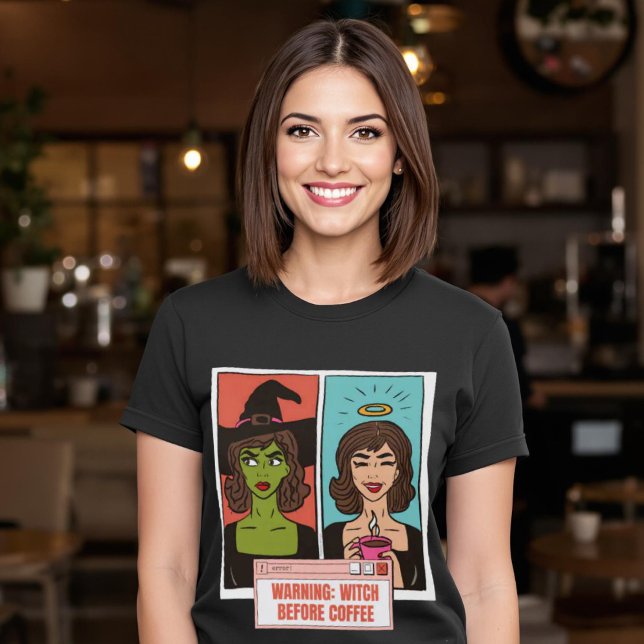 Hexe vor dem Kaffee Funny Warning Comic Pop Kunst T-Shirt (Witch Before Coffee Funny Warning Comic Pop Art T-Shirt)