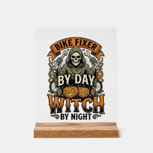 Hexe zur Fahrradreparatur Vintage-Halloween-Fahrra Acrylschild