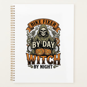 Hexe zur Fahrradreparatur Vintage-Halloween-Fahrra Planer