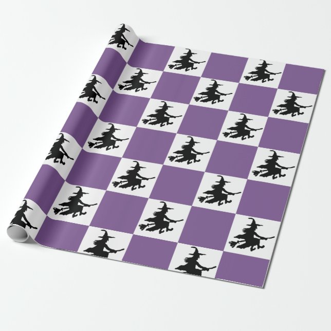 Hexen auf lila-weiß kariertem Geschenkpapier (Ungerollt)