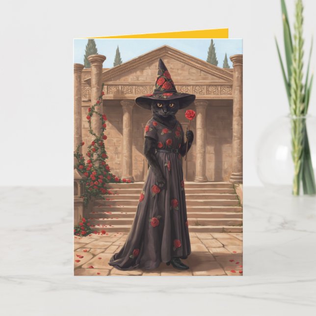 Hexen-Halloween-Karte mit schwarzer Katze Feiertagskarte (Vorderseite)