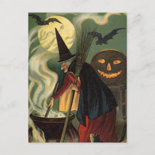 Hexen-Halloween-Kessel mit Magie rührend Vintage Postkarte