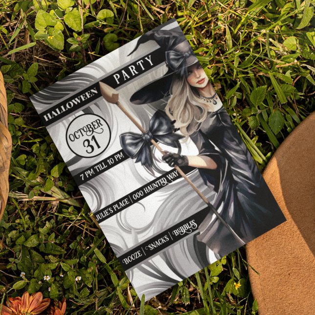 Hexen Halloween-Party mit geschraubtem Hintergrund Einladung (Witch Halloween customizable party invitation with black and white swirled background. )