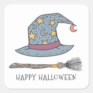Hexen-Hut-Broom-Stick Halloween Quadratischer Aufkleber