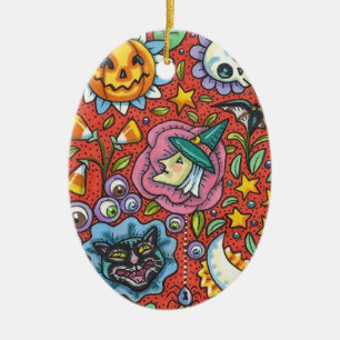 HEXEN, KATZE, GEIST, FARBENFROHE HALLOWEEN-FIGUREN KERAMIK ORNAMENT