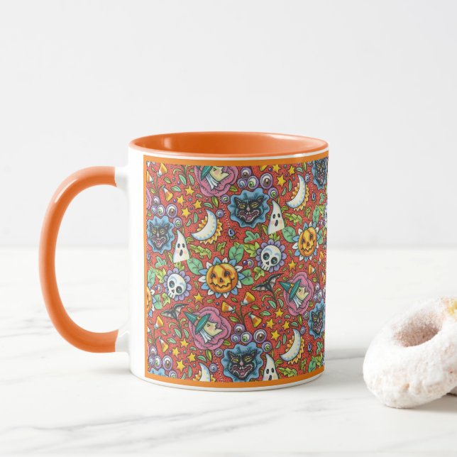 HEXEN, KATZE, GEIST, FARBENFROHE HALLOWEEN-FIGUREN TASSE (Mit Donut)