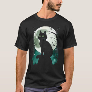Hexen Schwarze Katze und grüner Vollmond Halloween T-Shirt