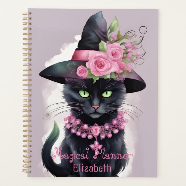 Hexen Schwarze Katzenrosa Blume Magisch Planer (Vorderseite)