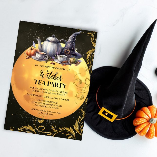 Hexen Tea Party Einladung (Invite you witch friends for a witches tea party with this witching hour gold moon invitation.)