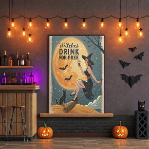 Hexen trinken umsonst – Vintage-Hexen- und Katzenk Poster