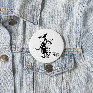 Hexen und Clowns auf Besenstiel zu Halloween Button