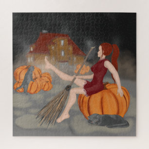 Hexen und Katzen auf dem Halloween Puzzle