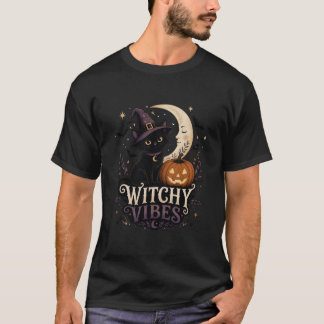 Hexen-Vibes Halloween Schwarze Katze und Kürbis T-Shirt