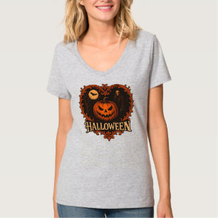 Hexen-Vibes & Kürbis-Nächte Damen-Halloween-V-Auss T-Shirt
