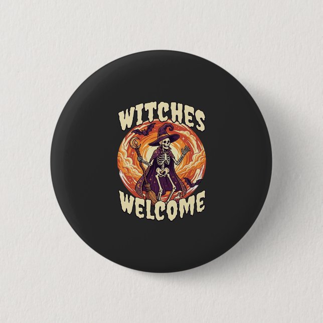 Hexen Willkommen Halloween Skelett Hexenbesen Fled Button (Vorderseite)