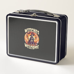 Hexen Willkommen Halloween Skelett Hexenbesen Fled Metall Brotdose