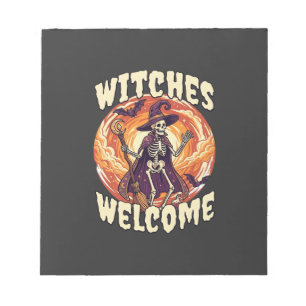 Hexen Willkommen Halloween Skelett Hexenbesen Fled Notizblock