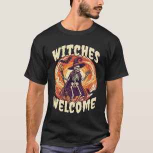 Hexen Willkommen Halloween Skelett Hexenbesen Fled T-Shirt