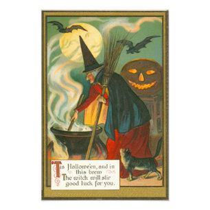Hexenbesen Kessel Jack O Lantern Fledermaus Katze Fotodruck