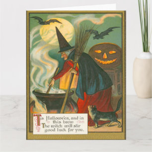 Hexenbesen Kessel Jack O Lantern Fledermaus Katze Karte