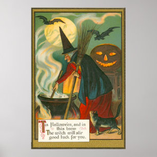 Hexenbesen Kessel Jack O Lantern Fledermaus Katze Poster