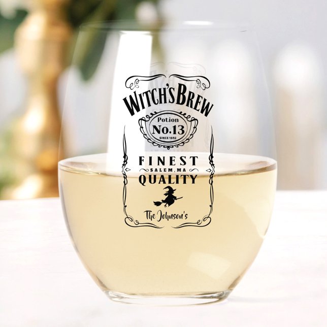 HexenbrauenHalloween-Familienname Monogram Funny Weinglas Ohne Stiel (Witch's Brew Halloween Family Name Monogram Funny Stemless Wine Glass)